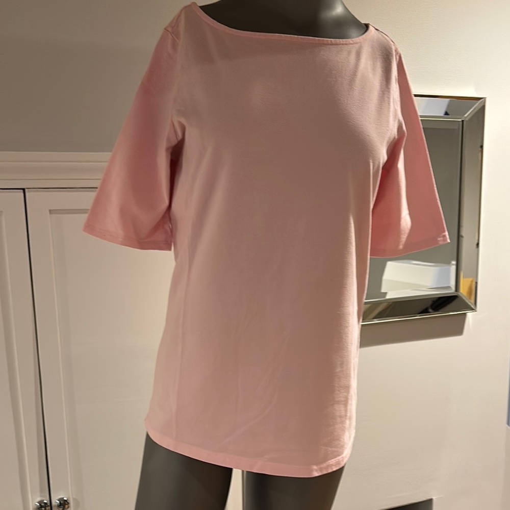 Pink Women's heavyweight tee. Elbow length sleeves